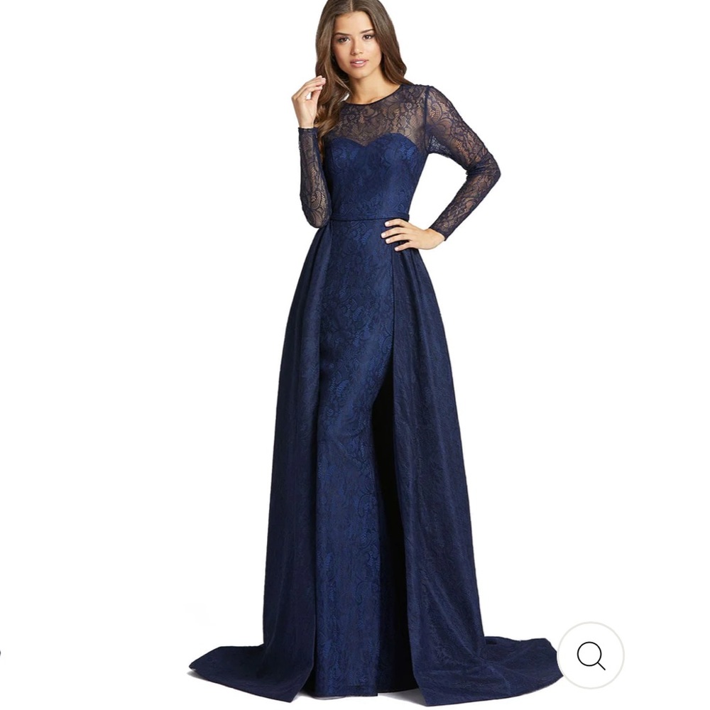 Mac Duggal Lace Illusion Long Sleeve Gown Overlay Skirt Size 14 Navy
